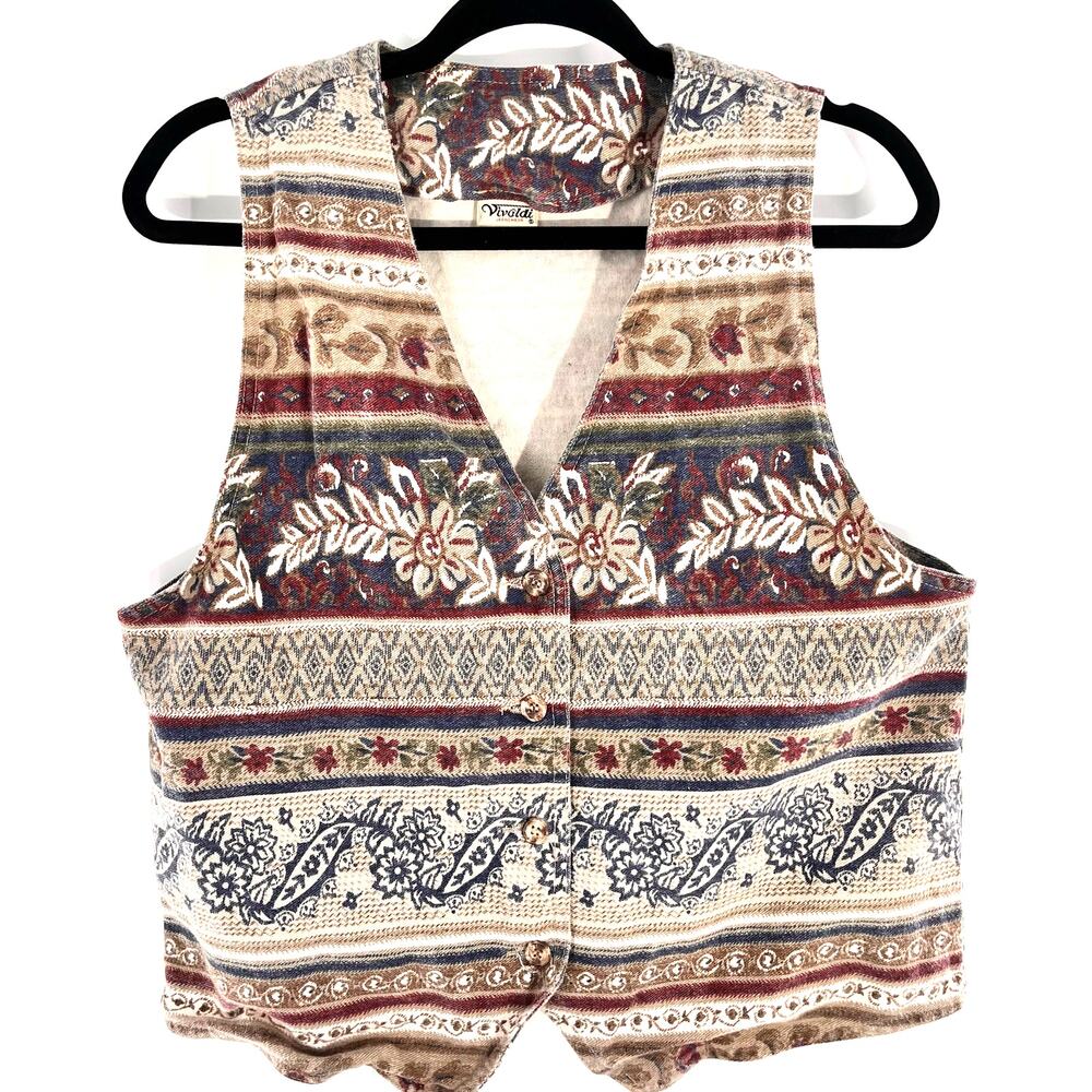 vintage women's vest 90's printed denim stripe floral paisley tan blue red Med
